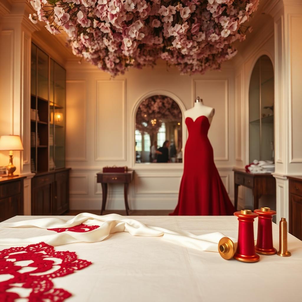Tailor's table with lace, gold beads, and a bespoke gown in the background