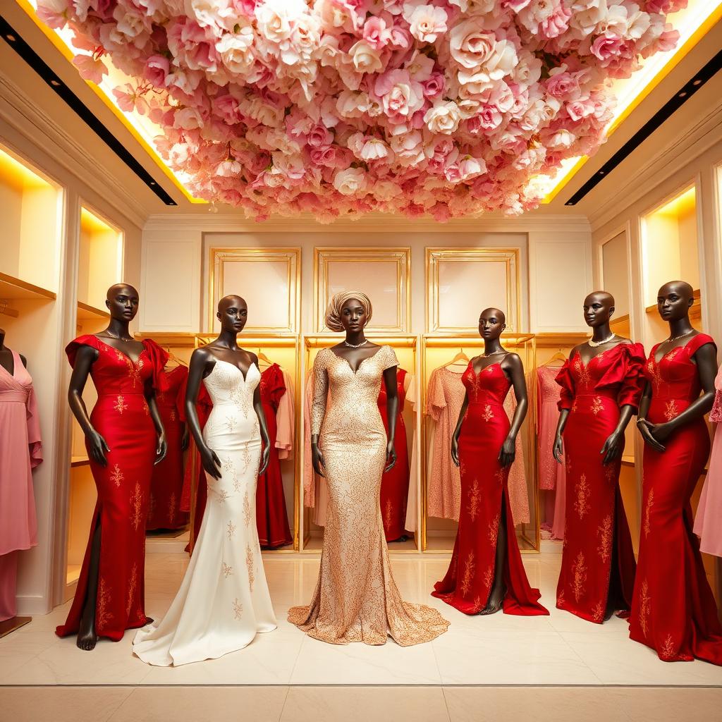 Mannequins in richly embroidered aso-oke and ankara gowns under floral ceiling